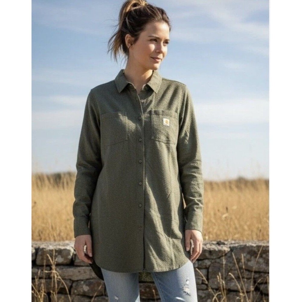 Carhartt Rugged Flex Relaxed Fit Long Sleeve Button Up Shirt Women's L Green NWT